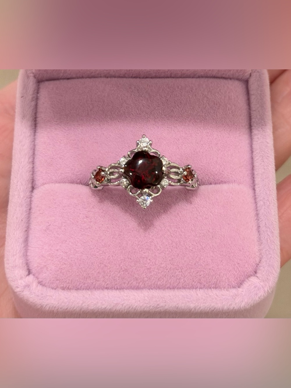 Natural Red Garnet 7mm Flower Carving 925 Sterling Silver Ring Size 7.25